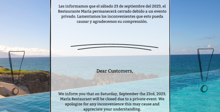 Maria Restaurant will be closed on 09.23.2023 Maria Restaurant will be closed on 09.23.2023
