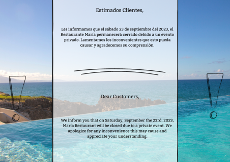 Maria Restaurant will be closed on 09.23.2023